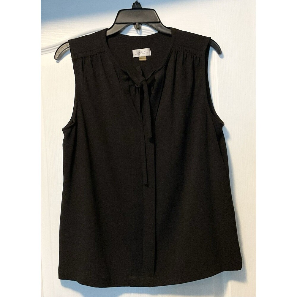 Tahari Women’s Front Pleated Tie-Neck Blouse Size M, Black